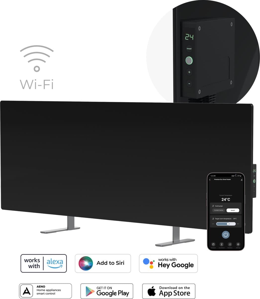 AENO GH4S slimme infrarood verwarmingspaneel - LED-scherm - Red Dot winnaar 2023 voor design en verwarmingstechnologie - Bluetooth - WIFI - 700 Watt - Elektrische kachel - Verwarmingsplaat - Infrarood + convectie - Zwart