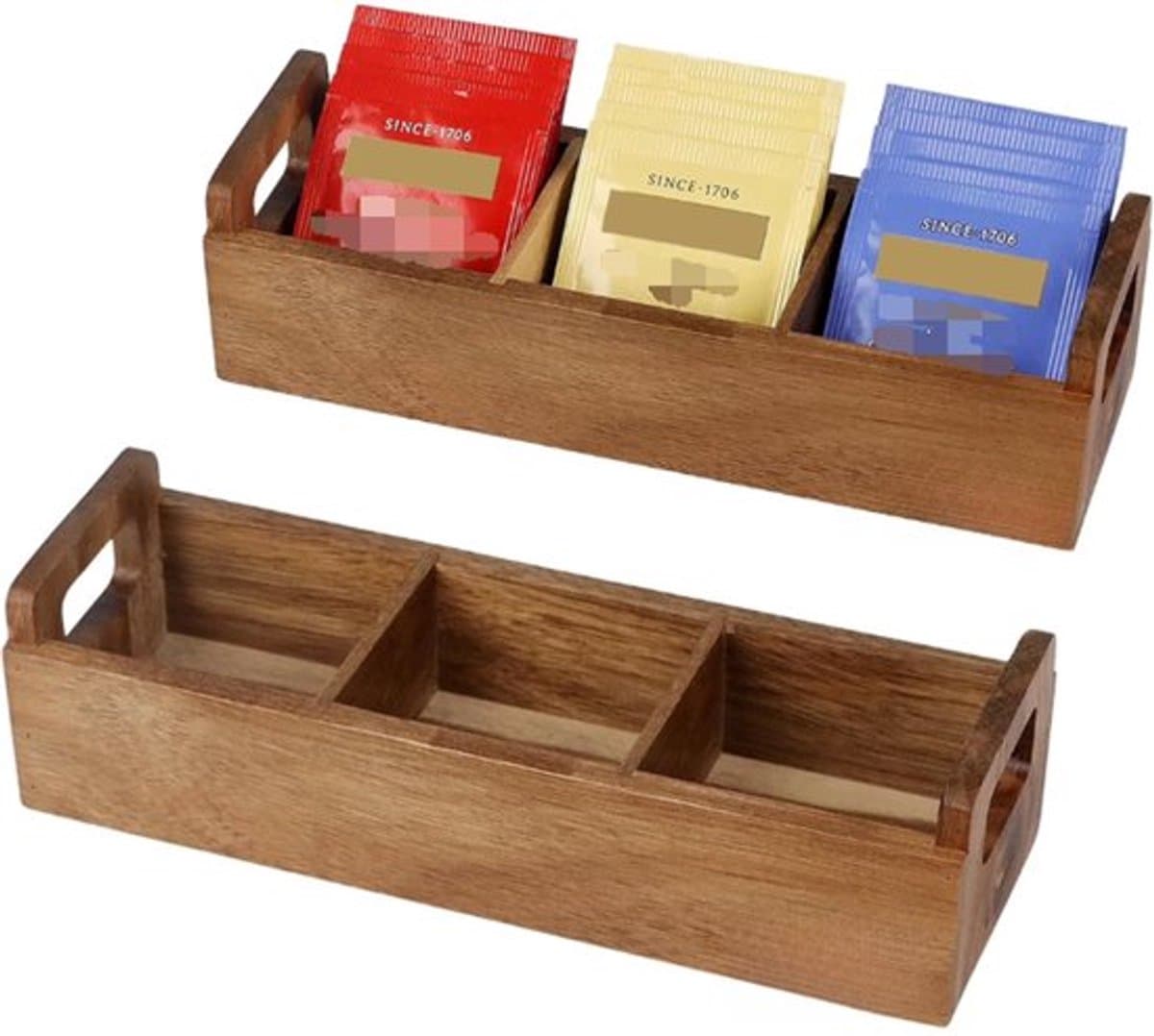 Kleine houten doosjes geschikt voor theezakjes (2 stuks), theezakjesdoosjes van acaciahout geschikt voor 3 vakken en handvatten geschikt voor op het aanrecht, geschikt voor het bewaren van dranken, suiker