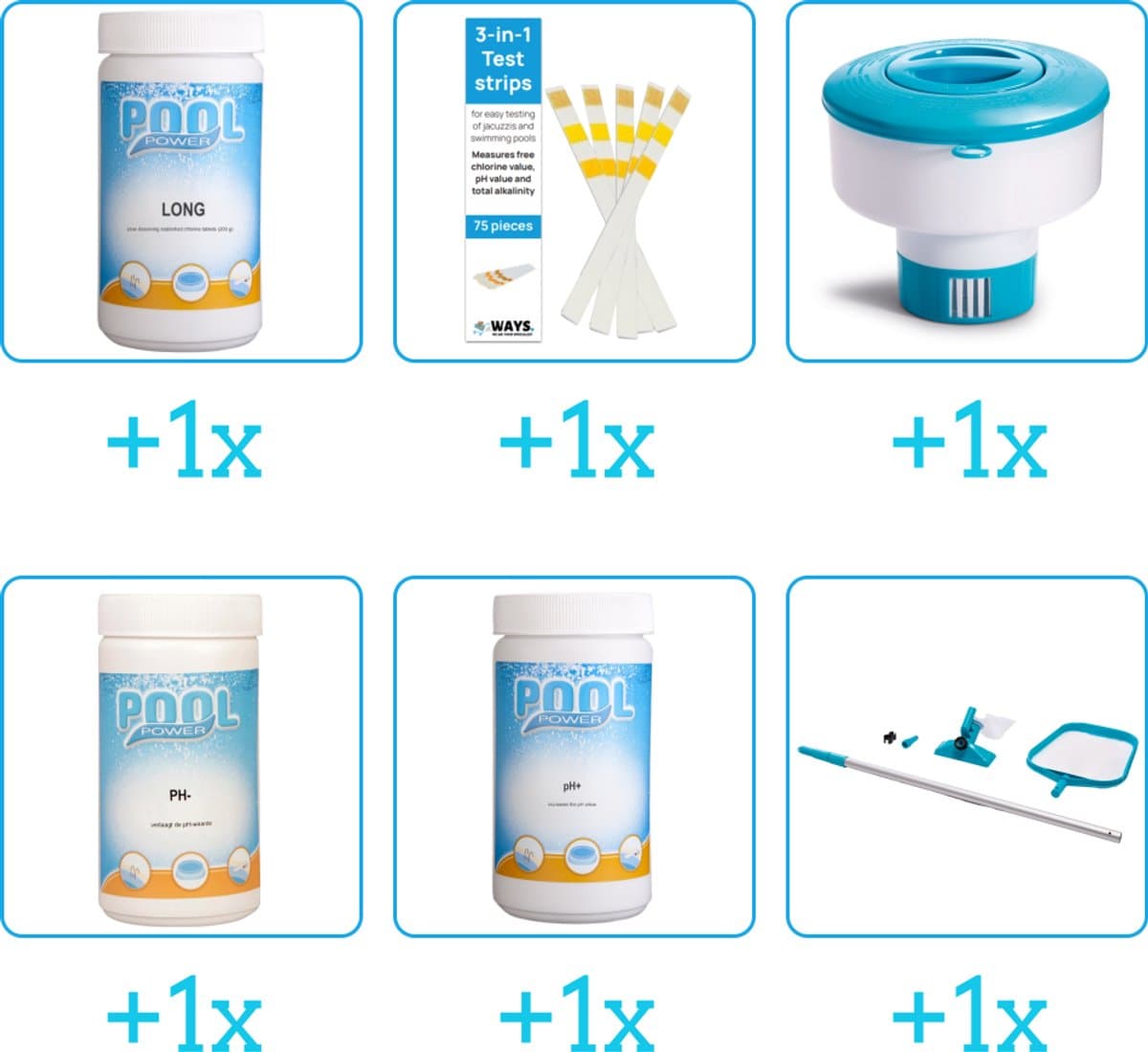 Zwembad Onderhoudspakket - Onderhoud Zwembad - bevat Chloor - Testrips - Chloordrijver - PH-min - PH-plus en Schoonmaakset (6-delig)