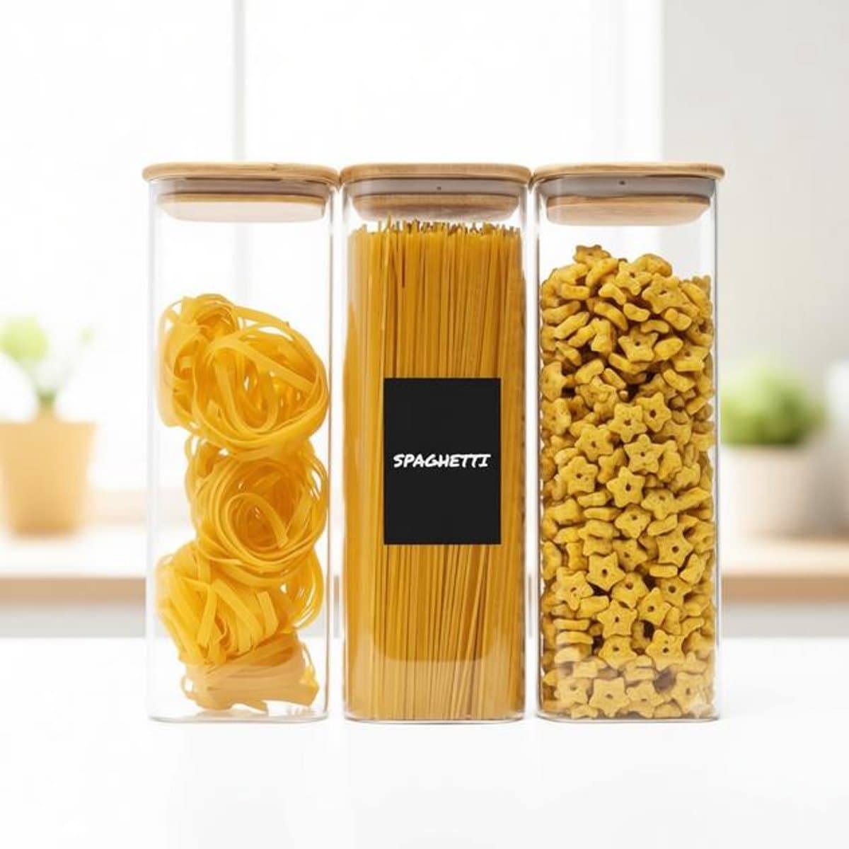 ElleMooi Set van 3 luchtdichte voorraadpotten met deksel, 2300 ml per stuk, vierkant, glas en bamboe, incl. etiketten en krijtstift