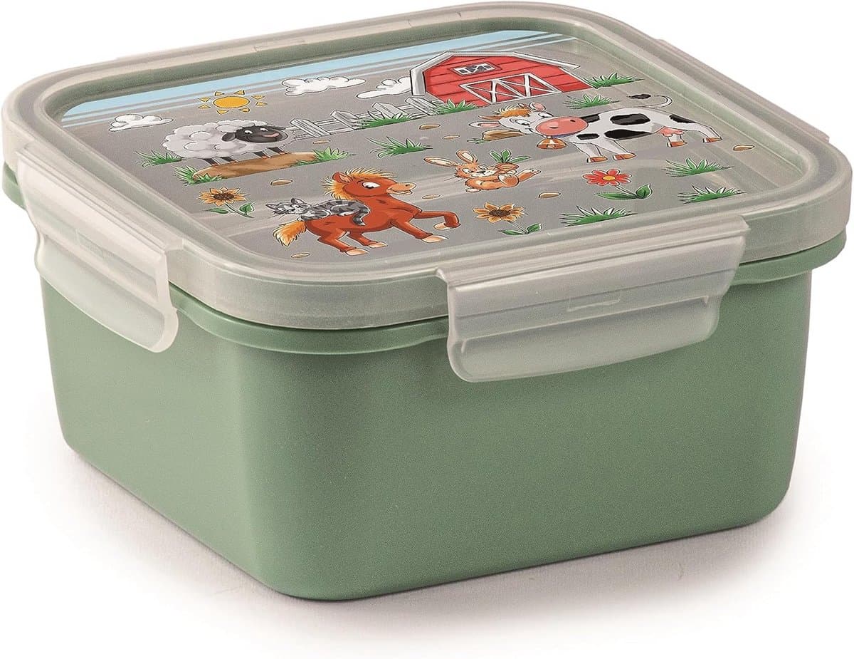 Vierkante lunchbox - Broodtrommel kinderen - Snack bewaren - 4 veiligheidssluitingen - 080 liter - Boerderij decor