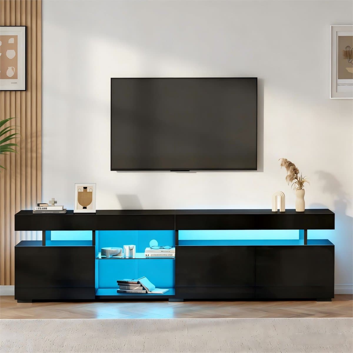 PHOEBE CAT TV-meubel - Hoogglans - Glazen planken - LED-verlichting - 180 x 35 x 45 cm - Zwart