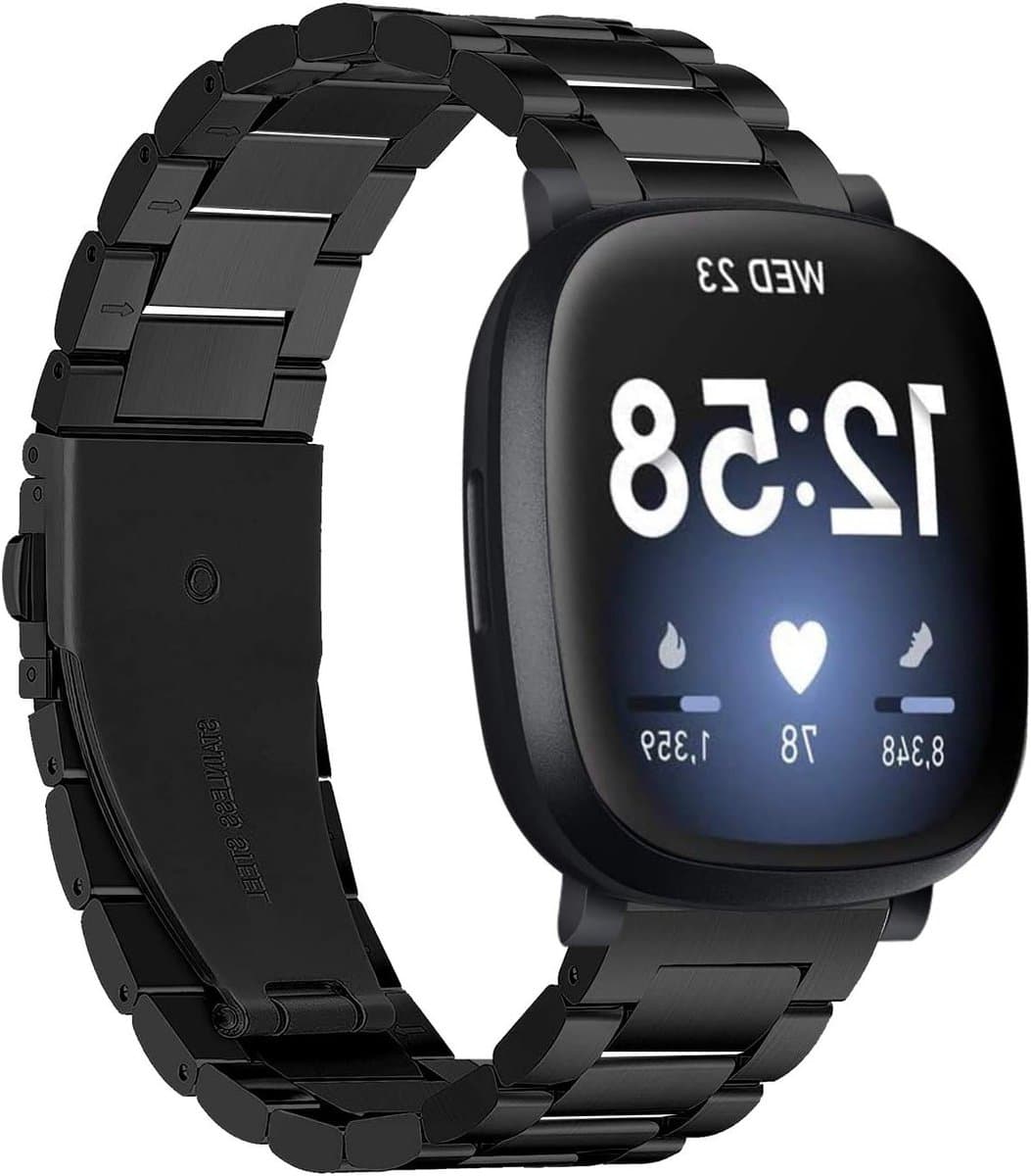 Verstelbare metalen stainless steel wristband voor Fitbit Versa 3 en Sense, geschikt voor heren en dames, zwart