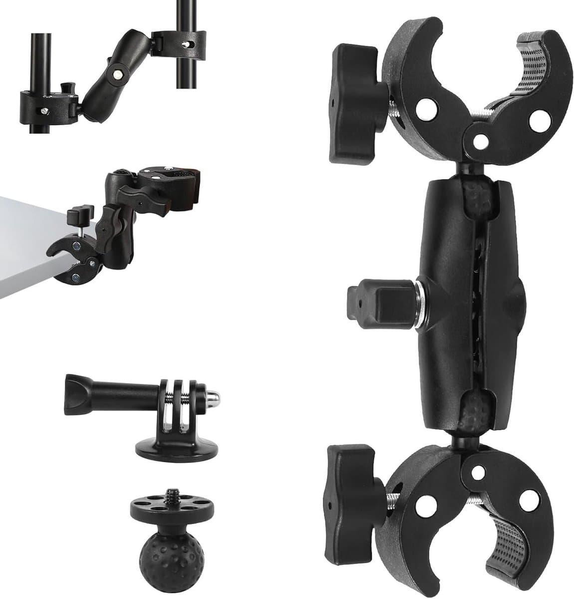 Verstelbare dubbele klembevestiging voor actiecamera met 1/4 inch schroefdraad en 360° balarm voor statief, reflectoren en motorfietsen