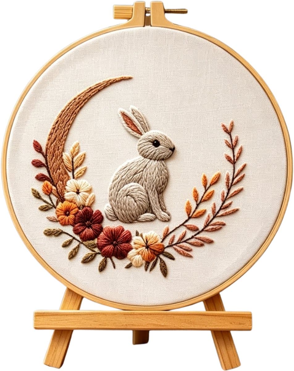 PREMIUM Borduurpakket Volwassenen – Borduren – Creatieve hobby – Ontspanning Thuis – Cadeau idee – Compleet pakket met extra’s – Echte HOUTEN borduurring (geen plastic) – DIY decoratie – Konijn – Herfst – Forest Bunny