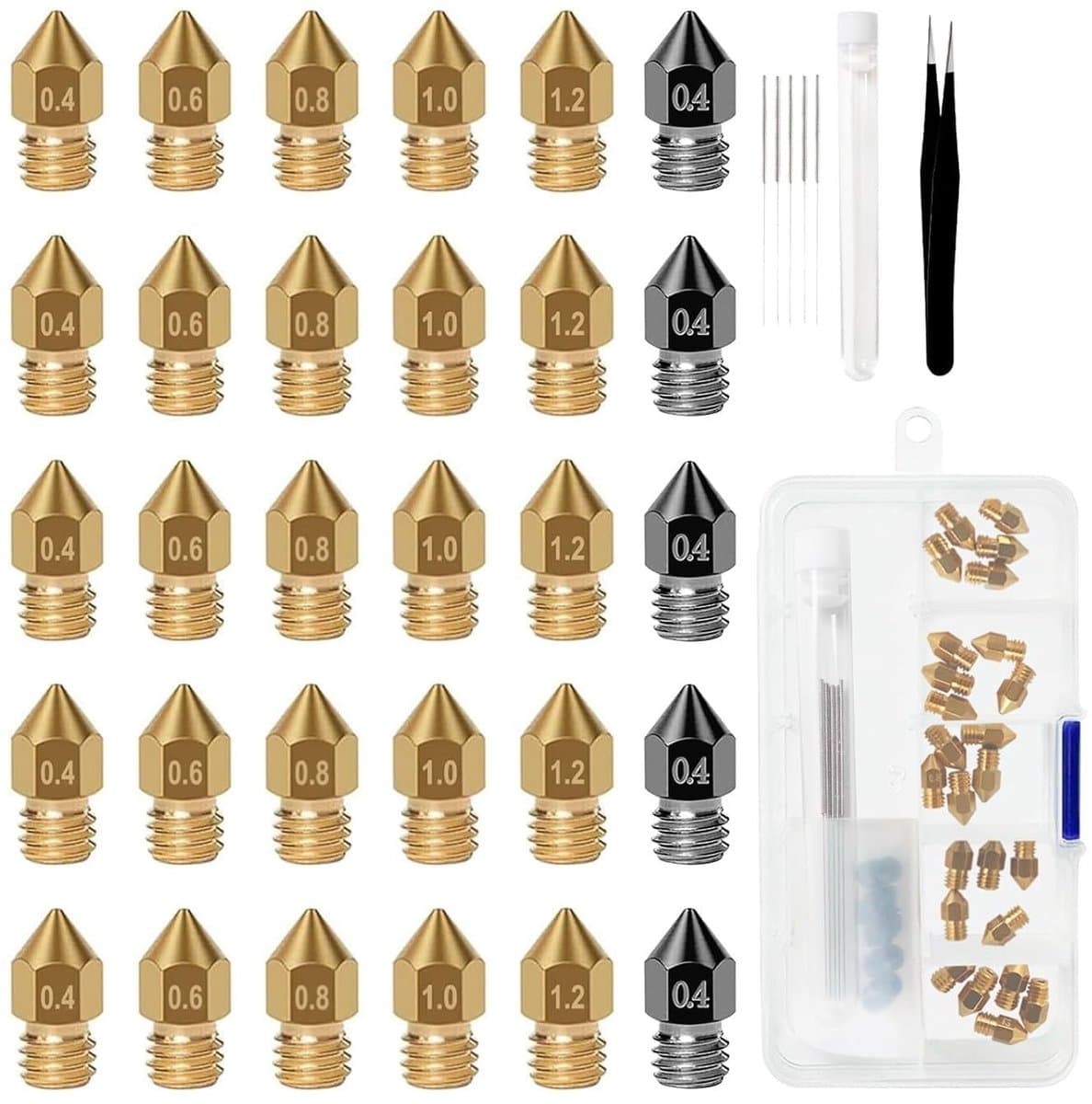 30 stuks 3D Printer Nozzles MK8 5 x 0.4 mm Hardened Steel Nozzles + 5 x (0.4 mm, 0.6 mm, 0.8 mm, 1.0 mm, 1.2 mm) Messing Nozzles + Reinigingsset voor 3D Printer