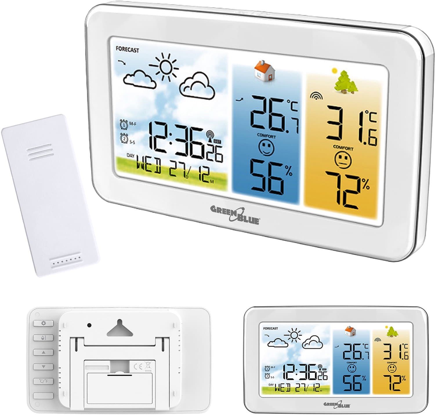 GreenBlue draadloos weerstation, temperatuur + luchtvochtigheid binnen/buiten, klok/alarm/datum, °C / °F, bereik tot 60 m, GB442 W