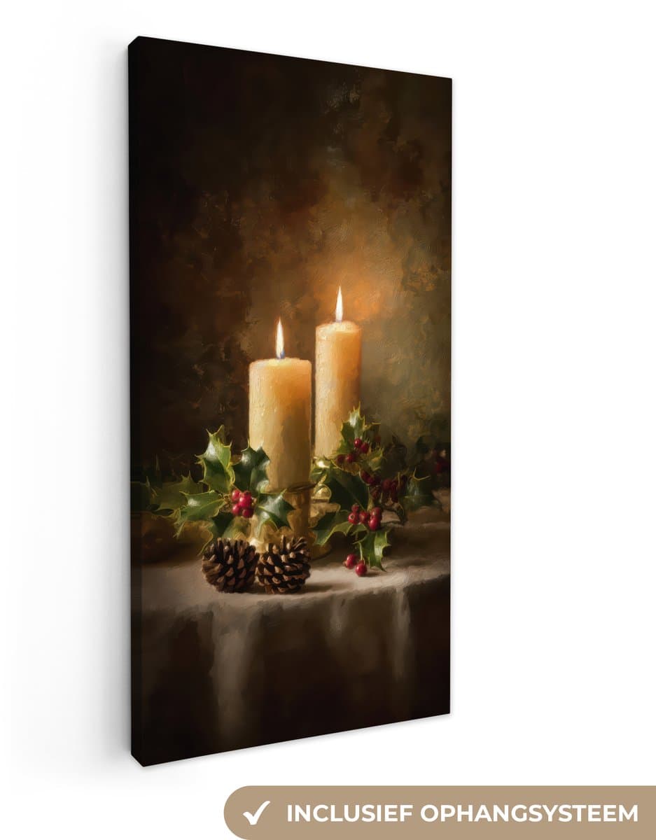 Canvas schilderij 40x80 cm - Exclusieve wanddecoratie Kaarslicht - Kerst - Veelkleurig - Muurdecoratie woonkamer - Kamer decoratie - Schilderijen op canvas - Kerstdecoratie voor binnen - Kerstversiering - Kerstmis versiering