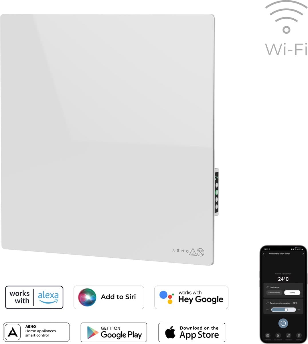 AENO GH11S slimme infrarood verwarmingspaneel - Bluetooth - WIFI - 500 Watt - Elektrische kachel - Verwarmingsplaat - Infrarood + convectie - Wit