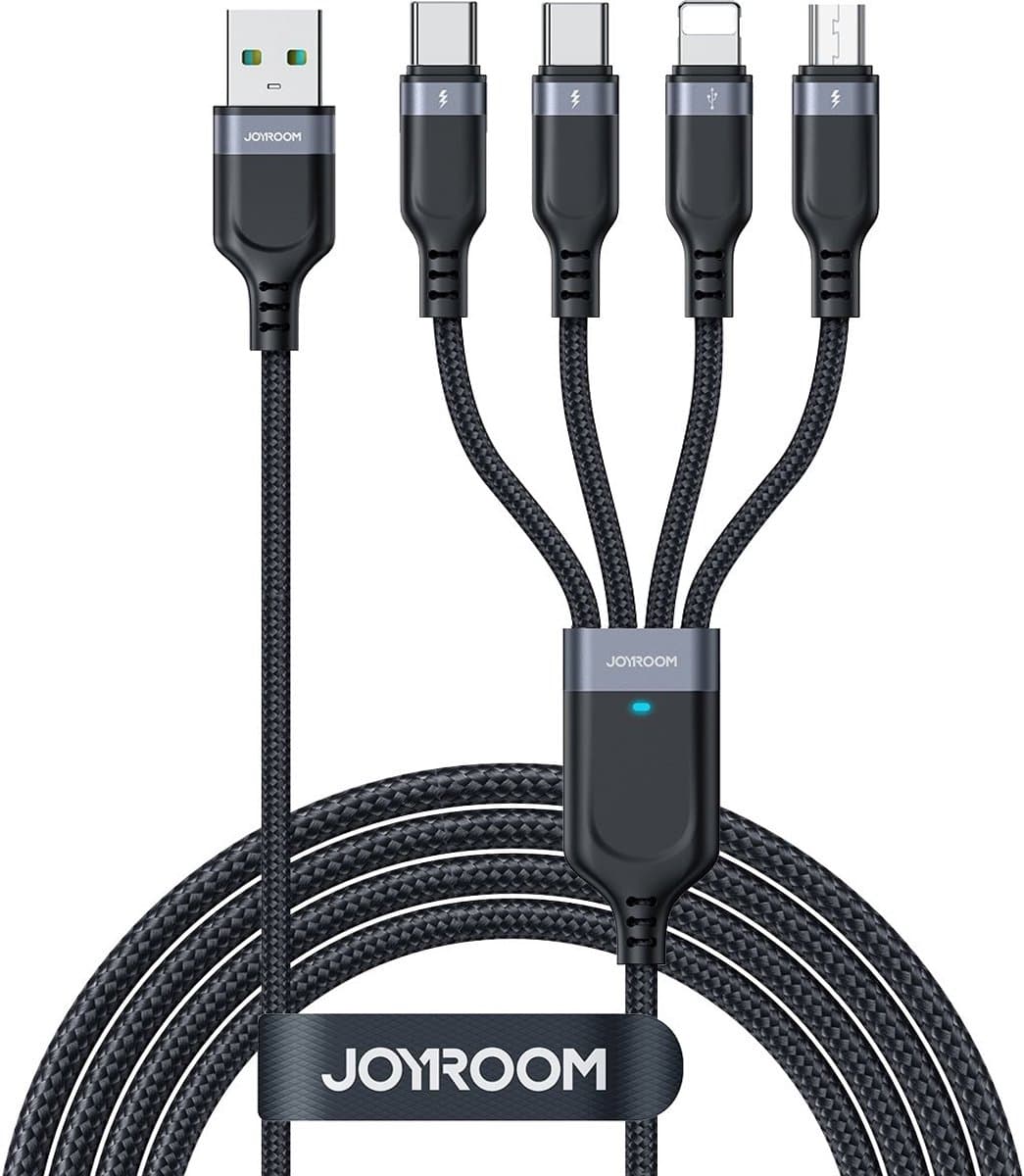 Joyroom Multi-Use 3.5A 4-in-1 Kabel - 2x Type C naar Type-C en 1x Naar Lightning en Micro-USB - 1,2 m - Zwart