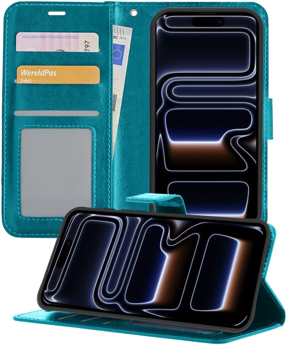 Hoesje - Geschikt voor Apple iPhone 17 Pro Max - Luxe Bookcase - Walletcase Hoes - Portemonnee - Cover - Telefoonhoes - Turquoise