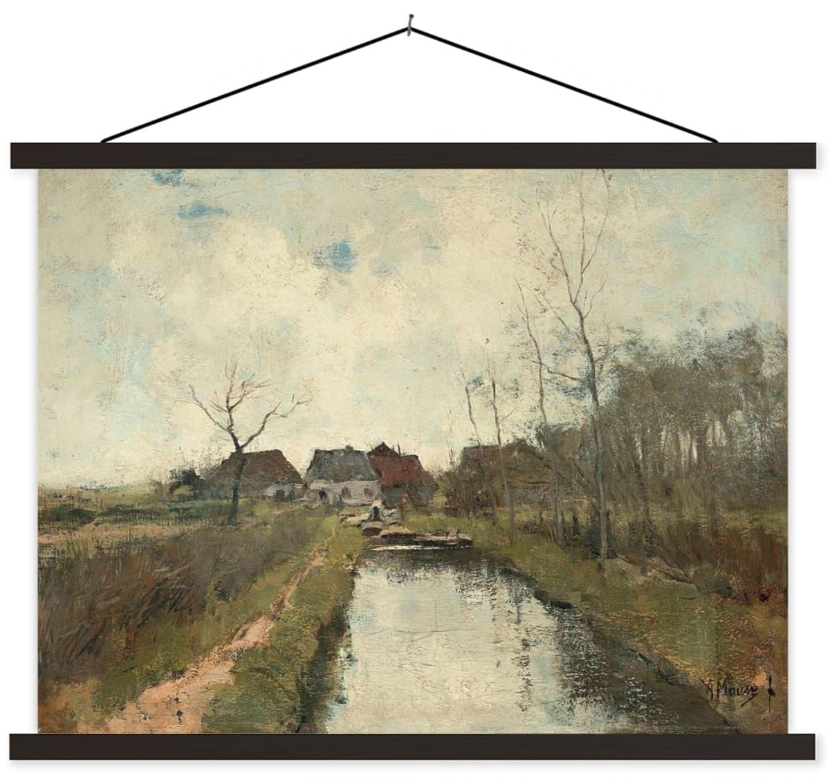 Posterhanger incl. Poster 120x90 cm - Schoolplaat - Huisje aan een sloot - Schilderij van Anton Mauve - Textielposter - Zwarte latten