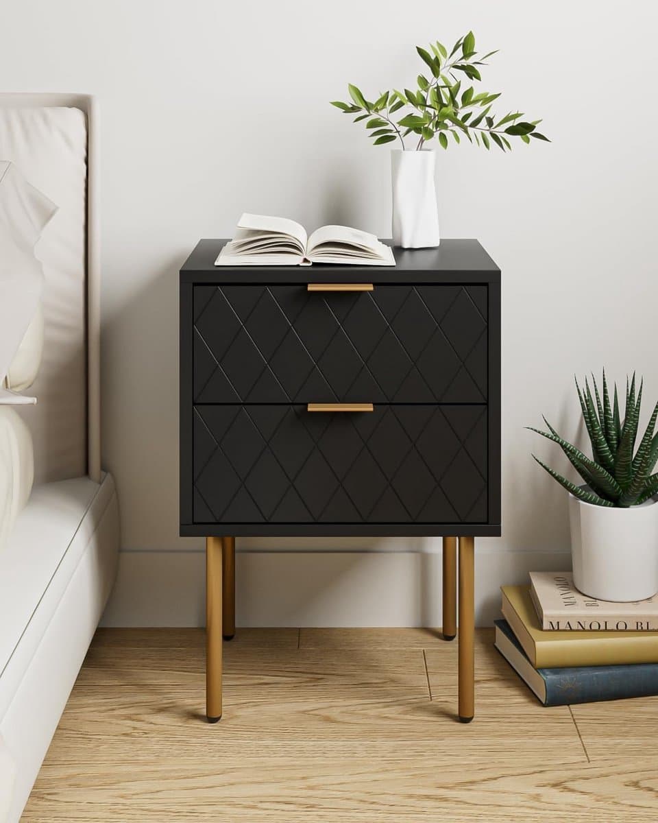 Nachtkastje met 2 Laden - Moderne Nachttafel met Opbergruimte voor Slaapkamer en Woonkamer (Zwart)