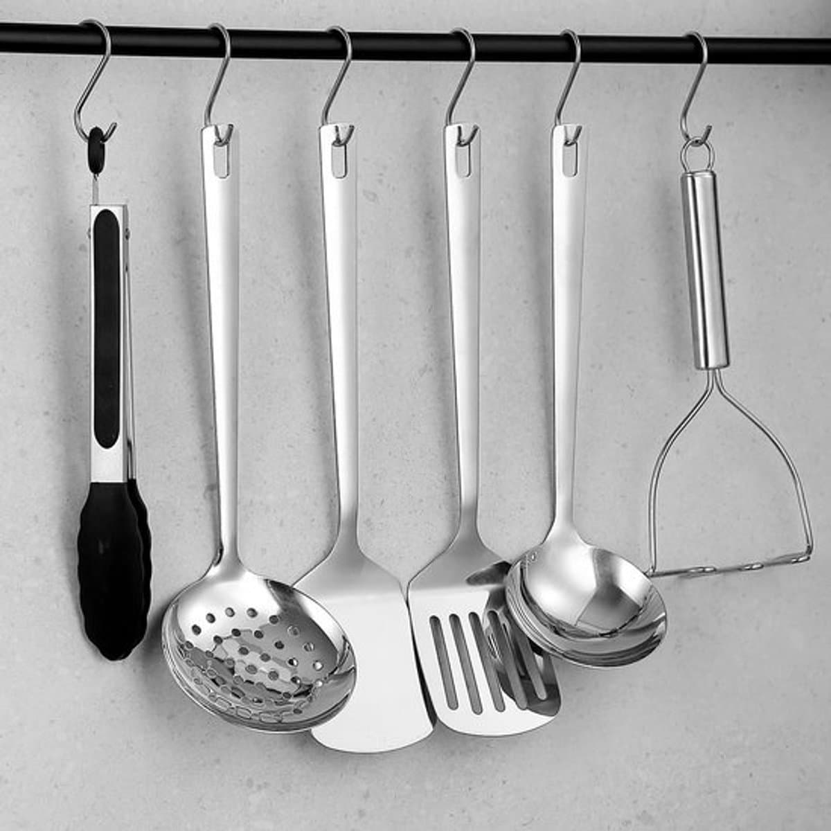 Candala Roestvrijstalen keukengerei set 6 stuks, kookgerei set inclusief metalen spatel sets, schuimspaan, pollepel, tang, aardappelstamper, vaatwasmachinebestendig