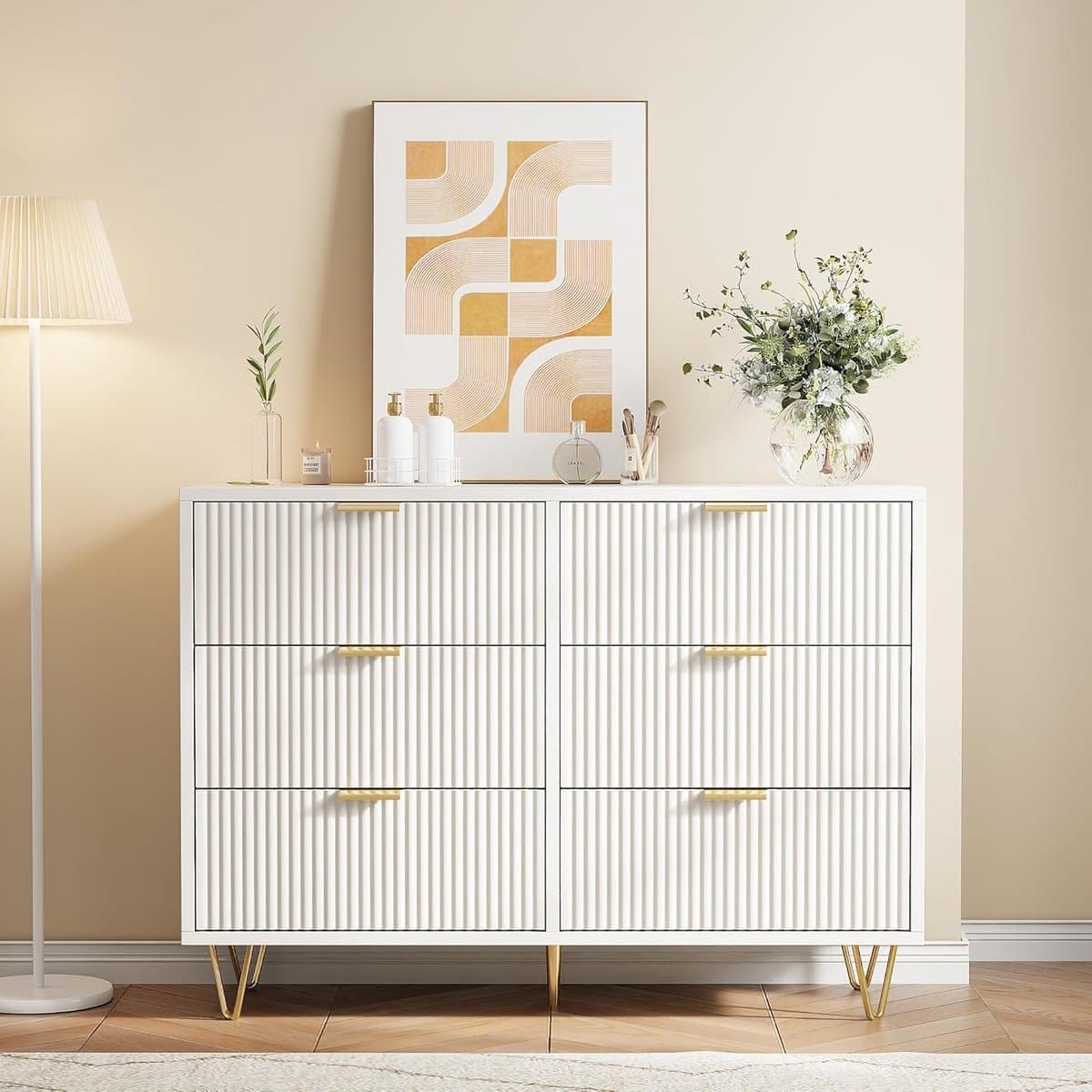 Ladekast - Dressoir Commode - Opbergen Woonkamer - Gestreepte Panel Details - 100x34x73cm - Wit