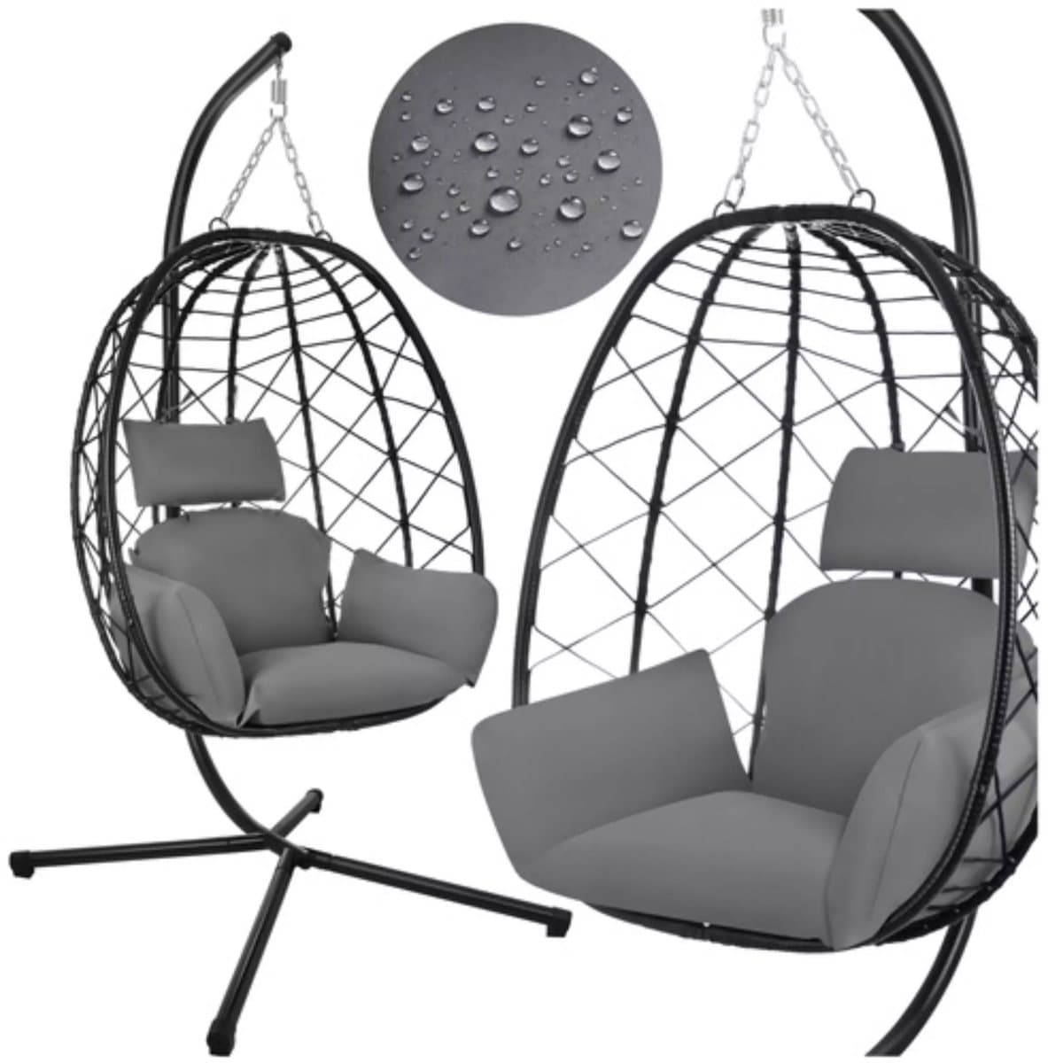 Gardlov Hangstoel cocoon met frame zwart en grijze kussens 194 cm draagkracht 150 kg voor tuin, terras of balkon