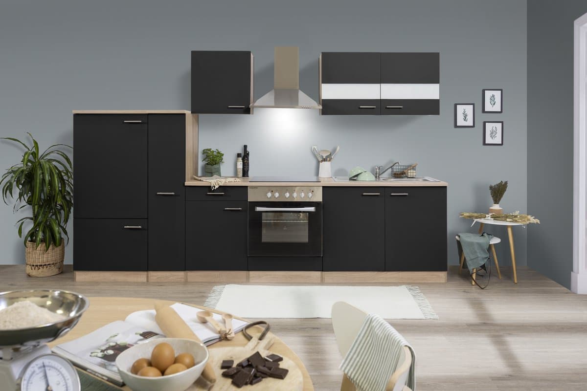 Goedkope keuken 300 cm - complete keuken met apparatuur Merle - Eiken/Zwart - soft close - keramische kookplaat - afzuigkap - oven - spoelbak