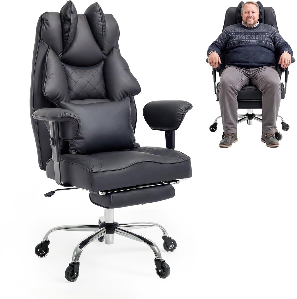 Asukale Ergonomische Bureaustoel – Bureaustoel – Comfortabele, verbrede XXL-zitting – Directiestoel – Dik kussen – Hoge rugleuning – Volledig omhullend ontwerp – In hoogte verstelbaar – Maximaal draagvermogen 200 kg – zwart