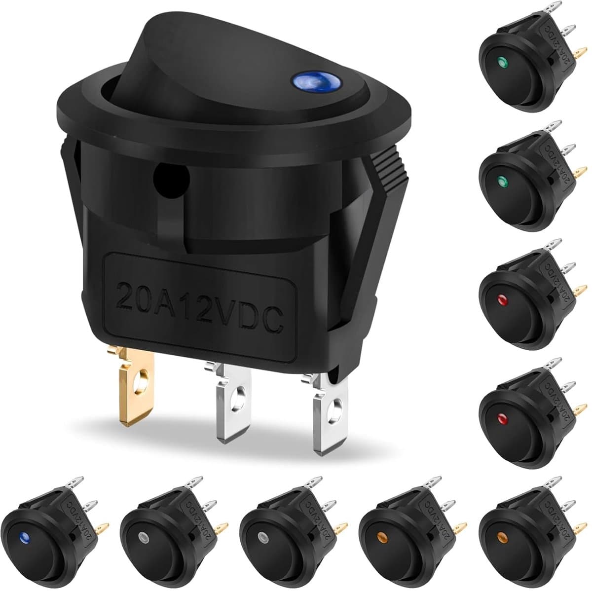 Tuimelschakelaars 12V DC 20A, Hanibos tuimelschakelaars 12V verlicht rond met 5 LED kleuren auto inklikbaar met zelfborgende ronde schakelaars voor auto, boot, huishoudelijke apparaten