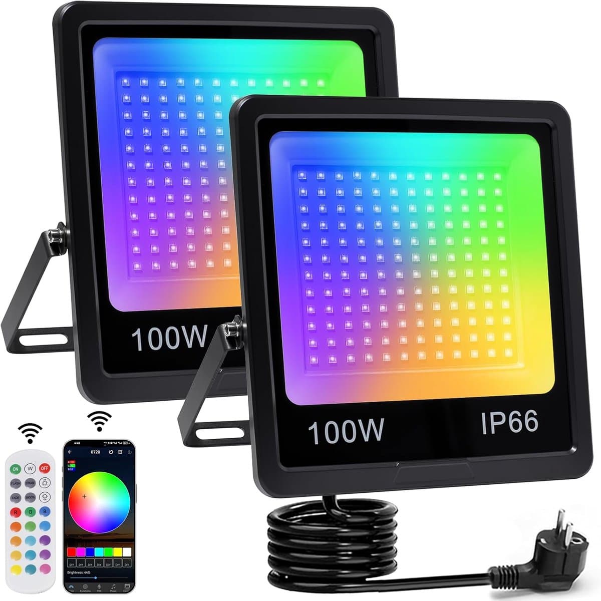 SnelShoppen - Pack van 2 100W RGB Buiten Spotlights met Bluetooth App en 2.4G Afstandsbediening, IP66 Waterdicht, Perfect voor Tuin, Feest, Camping