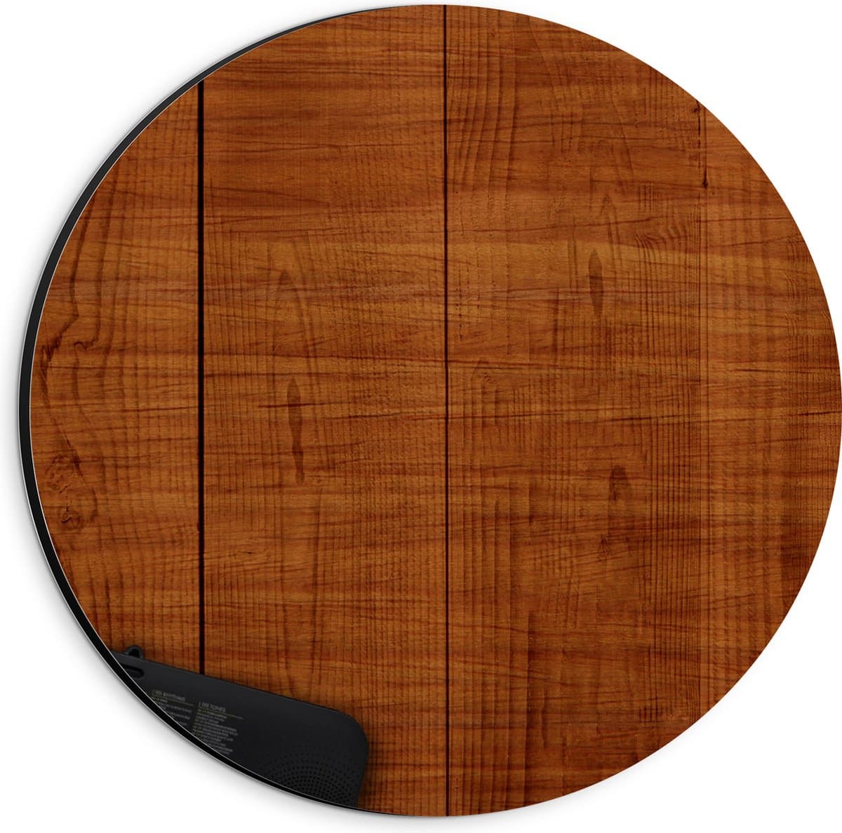 Dibond Muurcirkel - Koptelefoon, Piano en Gitaar op Houten Ondergrond - 20x20 cm Foto op Aluminium Muurcirkel (met ophangsysteem)