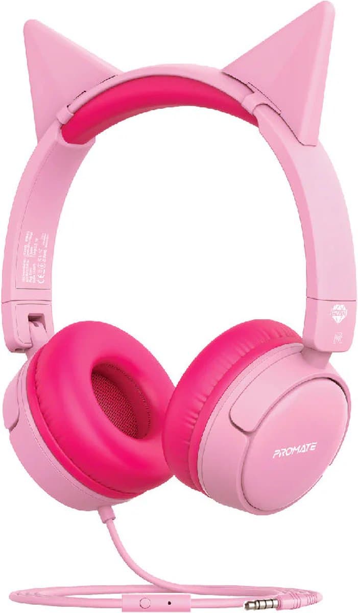 ProMate® Bedrade Kinderhoofdtelefoon, Premium Afneembare Kattenoor Kinderheadset met Microfoon, 85dB tot 95dB Geluidsregeling, AUX Deelpoort en Zachte Kussens, voor Smartphones, Laptops, Mp3-speler, Jewel BubbleGum