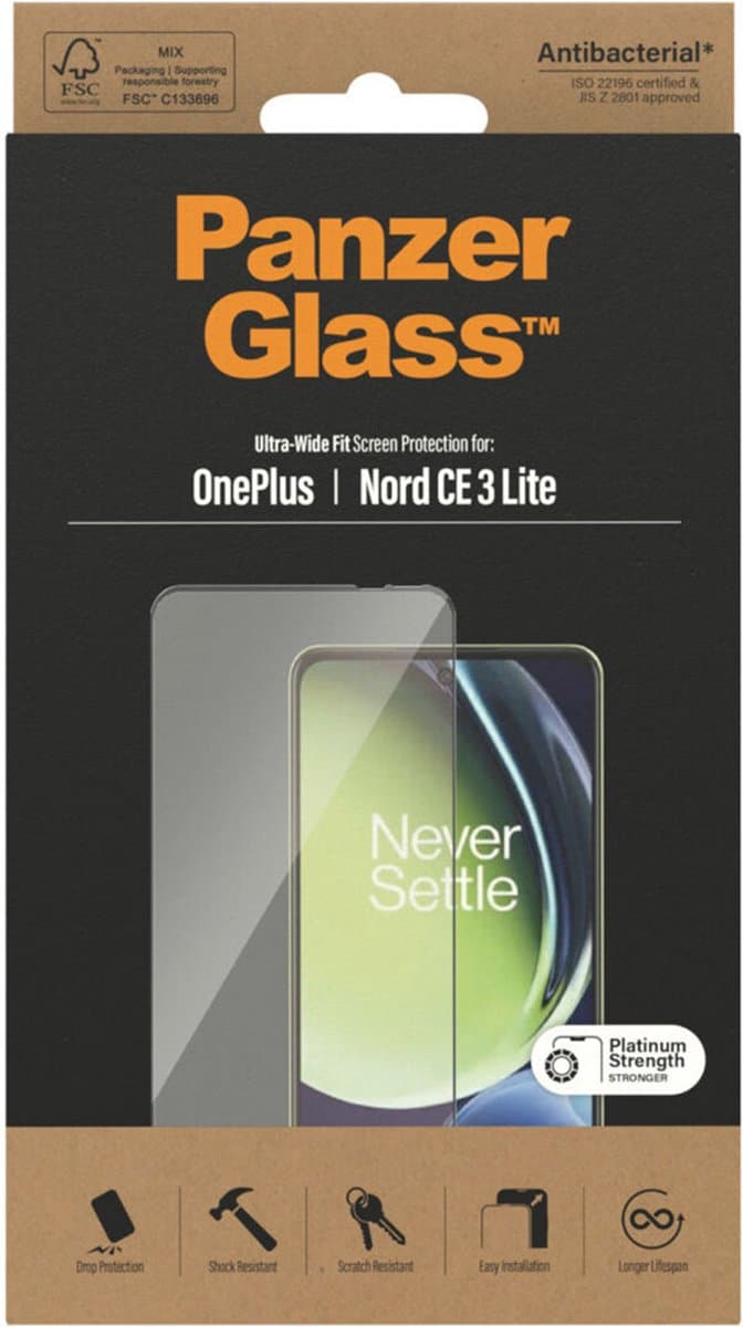 PanzerGlass Ultra-Wide Fit Screen Protector Geschikt voor OnePlus Nord CE 3 Lite - Case Friendly Tempered Glass - Antibacterieel - Zwart
