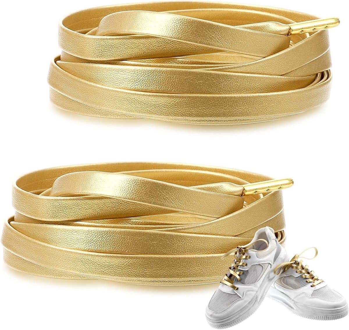 2 Paar Platte PU Leren Metallic Gouden Veters voor Sneakers, 140cm Lange Schoenveters voor Dames en Heren, Ideaal voor Sport- en Vrijetijdsschoenen