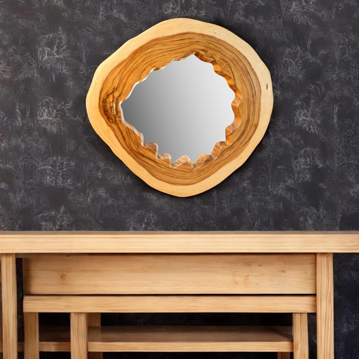 XL Wandspiegel - Spiegel Rond Hout - Interieur Decoratie - Unieke Boomschijf - 100x100x5cm - Naturel