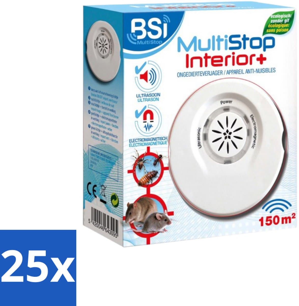 BSI – Multistop Interior Plus – Ultrasone Ongedierteverjager – Bereik tot 150 m² - Bulkverpakking - 25 stuks
