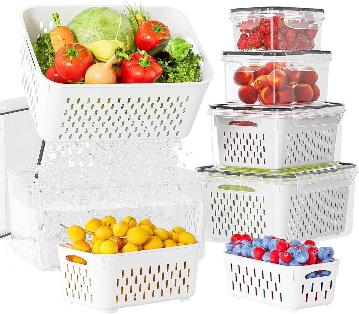 Fruit Bewaarcontainers - Koelkast Opslag - Voedsel Vers Houden - Met Afvoer & Deksel - 5 Stuks Set - Transparant