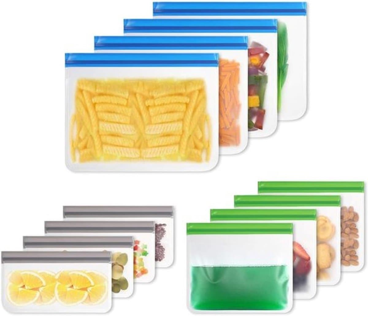 Herbruikbare diepvrieszakken, 12 Stuks - BPA-vrij, Voedselveilig PEVA, Ideaal voor Fruit, Groenten, Vlees, Snacks en Brood