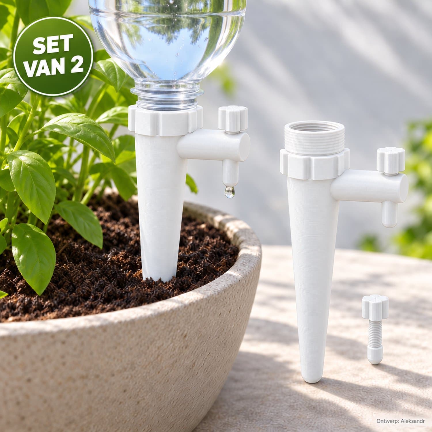 BM Roozeboom - Druppelirrigatiesysteem - Set van 2 - 3D Geprint PLA - Instelbare Waterafgifte - Voor PET Flessen Herbruikbaar Wit