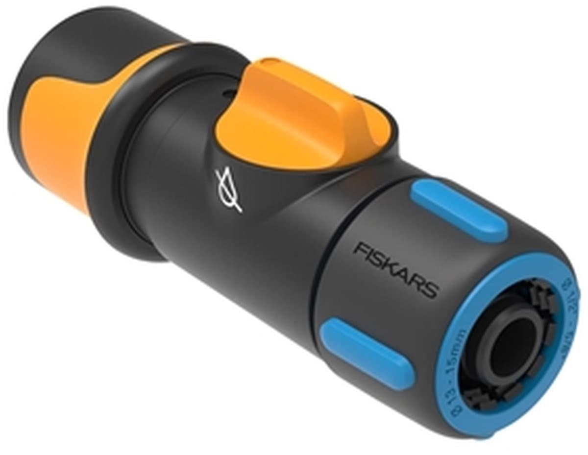 Fiskars Slangkoppeling, met On/Off-ventiel, SoftGrip-contactpunten, universele maat,Ø 1,3-1,5 cm (1/2-5/8''), 65 g, zwart/oranje/blauw, 1027086