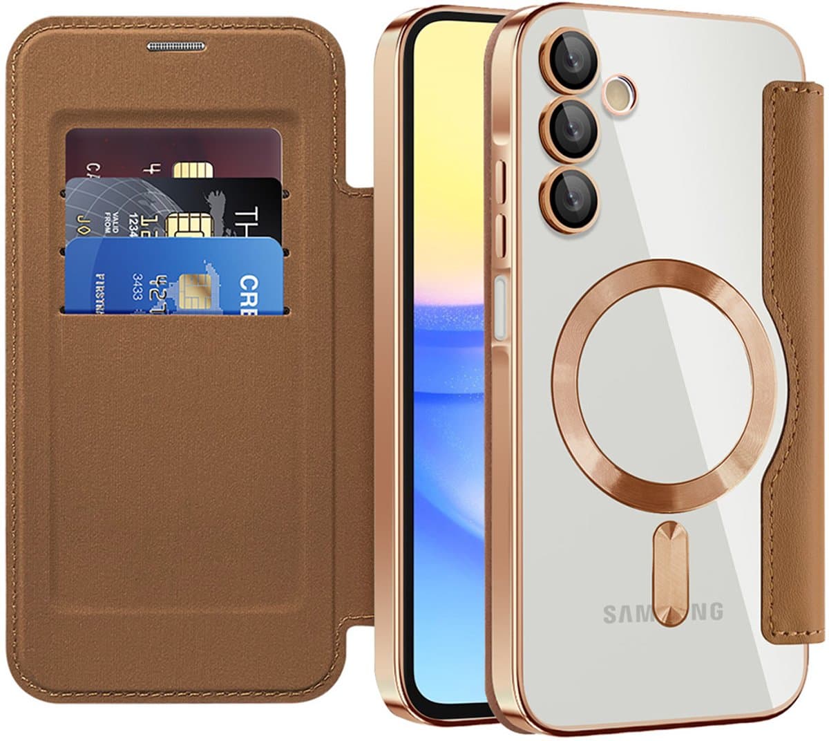 Hoesje geschikt voor Samsung Galaxy A15 4G/5G - Techsuit SmartMag Book Wallet Case - Geschikt voor MagSafe - Bruin