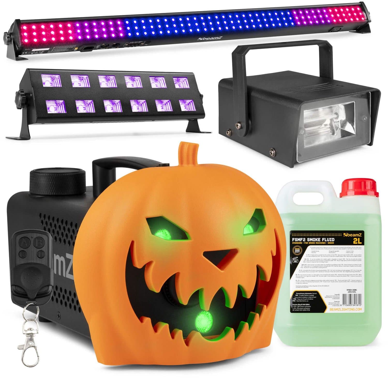 BeamZ Halloween rookmachine set XL - Pompoen rookmachine - Met LED bar, blacklight en 2L vloeistof