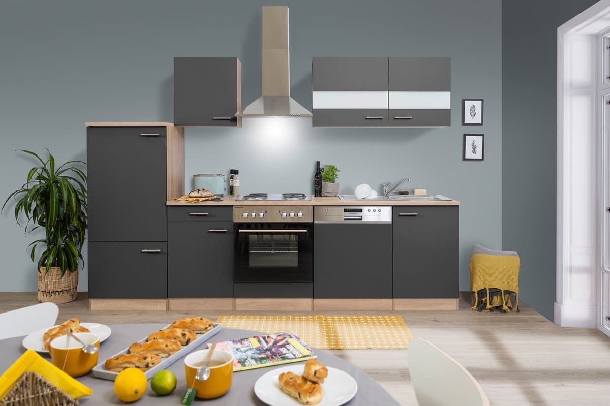 Goedkope keuken 280 cm - complete keuken met apparatuur Merle - Eiken/Grijs - soft close - elektrische kookplaat - vaatwasser - afzuigkap - oven - spoelbak