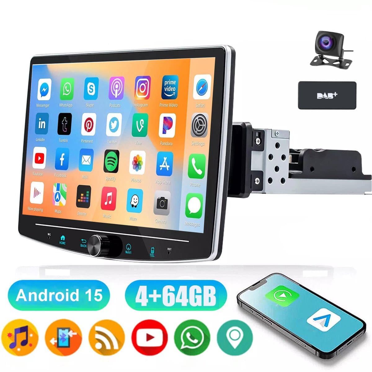 ESSGOO 1DIN Autoradio auto met 10,1 Inch 360° draaibaar scherm - DAB+ autoradio geschikt voor CarPlay en Android auto - Android 15 4 + 64 GB - Bluetooth FM RDS - multimediaspeler - AHD-achteruitrijcamera - microfoon