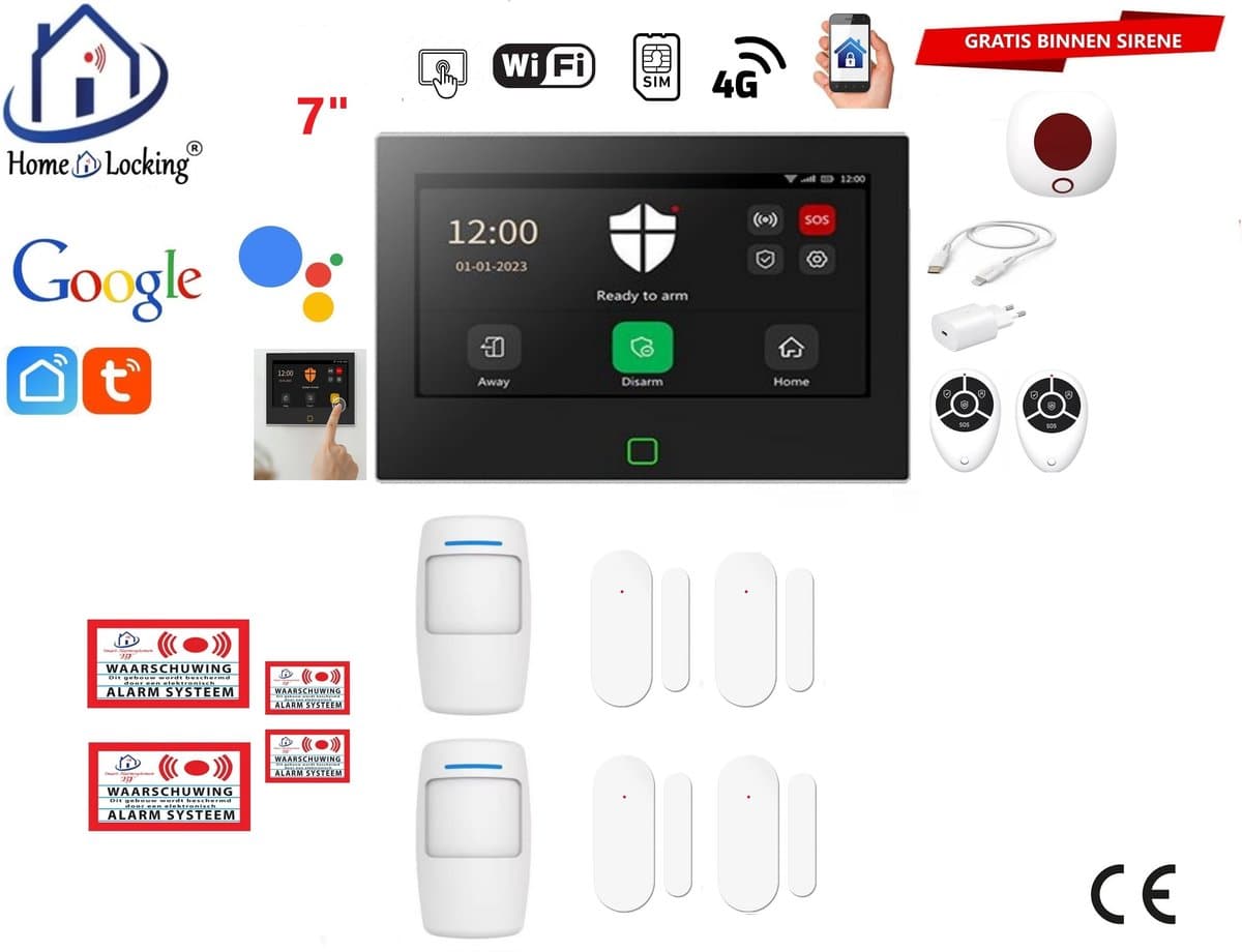 Draadloos / bedraad alarmsysteem met 7-inch touchscreen voor woning/camper/boot/caravan werkt met wifi en sim kaart en met spraakgestuurde apps. (Nederlands of Frans stem en tekst). ST01B-25