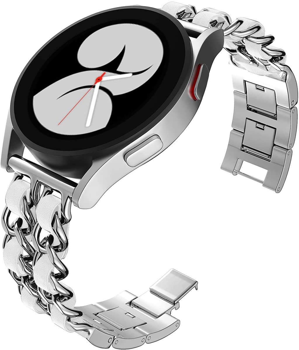 Stravo 20mm Leren Horlogebandje – Leer Bandje met Metalen Schakels – Geschikt voor Samsung Galaxy Watch 7 (40/44mm) / 6 (Classic) / 5 (Pro) / 4 (Classic) / FE – Voor Garmin Vivoactive 5 / Venu Sq 2 / Forerunner 245 / Vivomove – Zilver/Wit