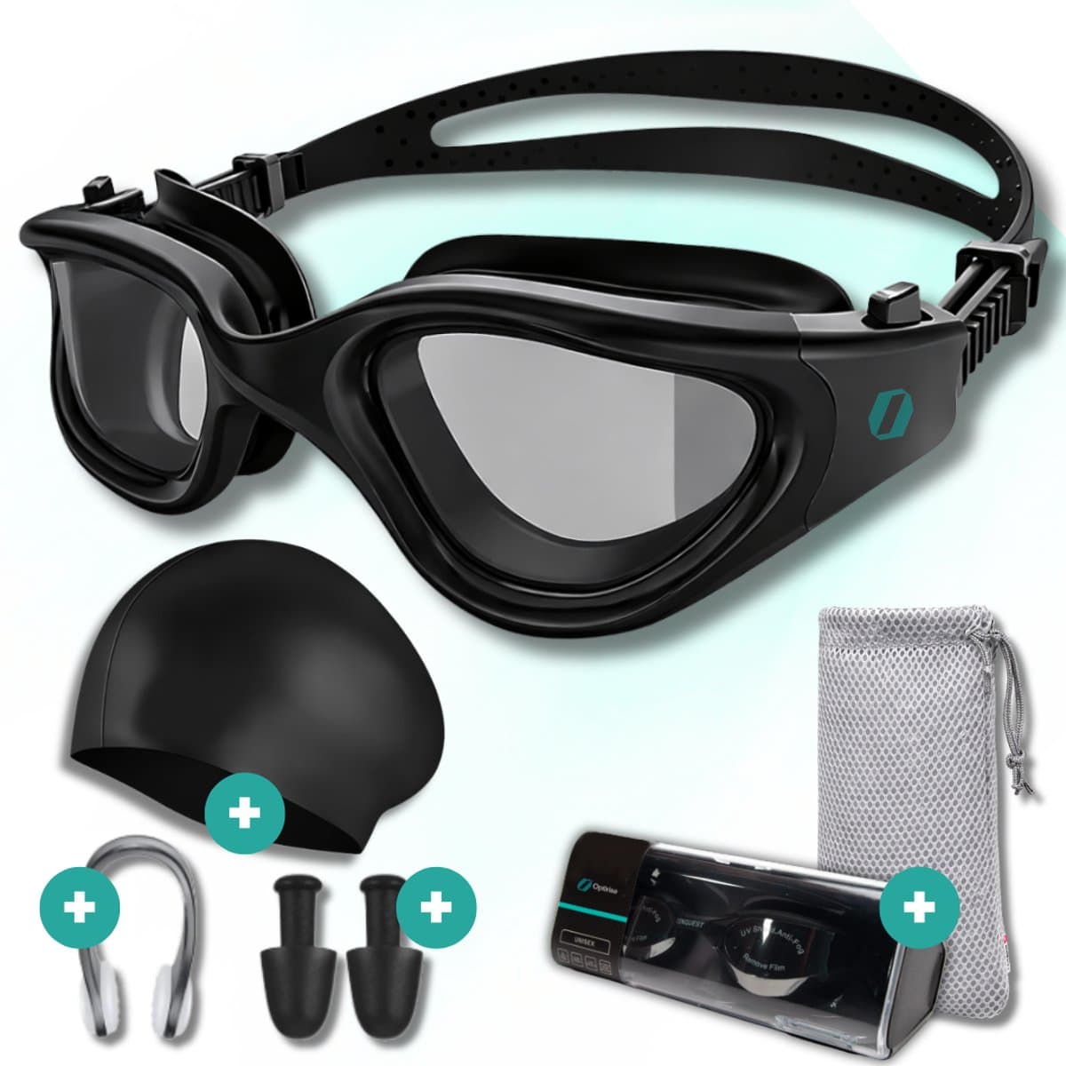Optirise Zwembril - Inclusief Badmuts, Zwem Oordopjes & Neusklem Zwemmen - Duikbril - Unisex - Zwembril Volwassenen & Kinderen - Brillenkoker Hard Case