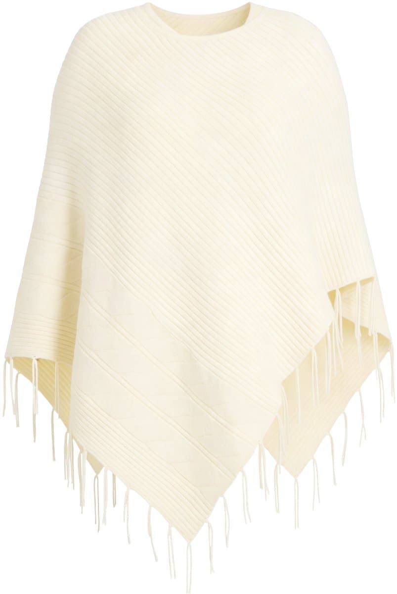 MIAMODA - Dames - Poncho oversized fijn breisel kabelpatroon franjes - Off-white - Maat 2+
