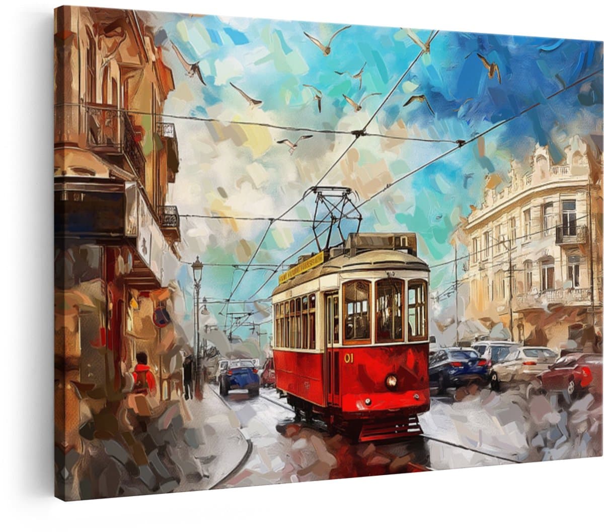 Artaza Canvas Schilderij Rode Tram - 120x80 cm - Wanddecoratie Lissabon - Muurdecoratie Stad - Schilderijen Op Canvas Europa - Rood
