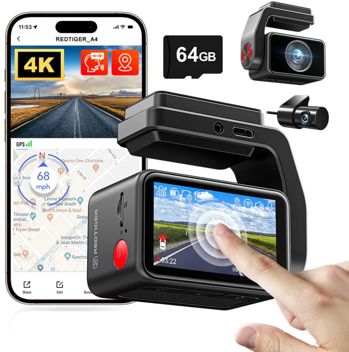 Redtiger A4 4K+1080P 5.8GHz WIFI Voice Control Dash Cam Touch Wifi GPS 2CH 64GB dashcam - Auto camera voor en achter - Wifi en GPS - Parkeermodus - 2,2 inch touch screen LCD - 4K resolutie - 64gb Micro SD kaart - dashcam voor auto