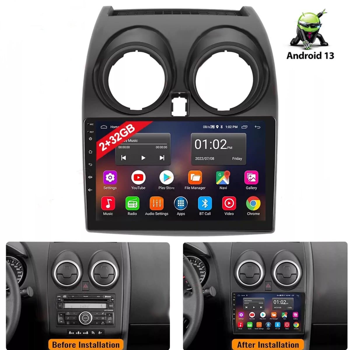 9-inch Android 13-inch autoradio met GPS-navigatie 2+32G voor Qashqai J10 2007-2016, ingebouwde draadloze verbinding voor CarPlay, Android Auto, GPS-navigatie, Bluetooth, WiFi, RDS/FM-radio en achteruitrijcamera.