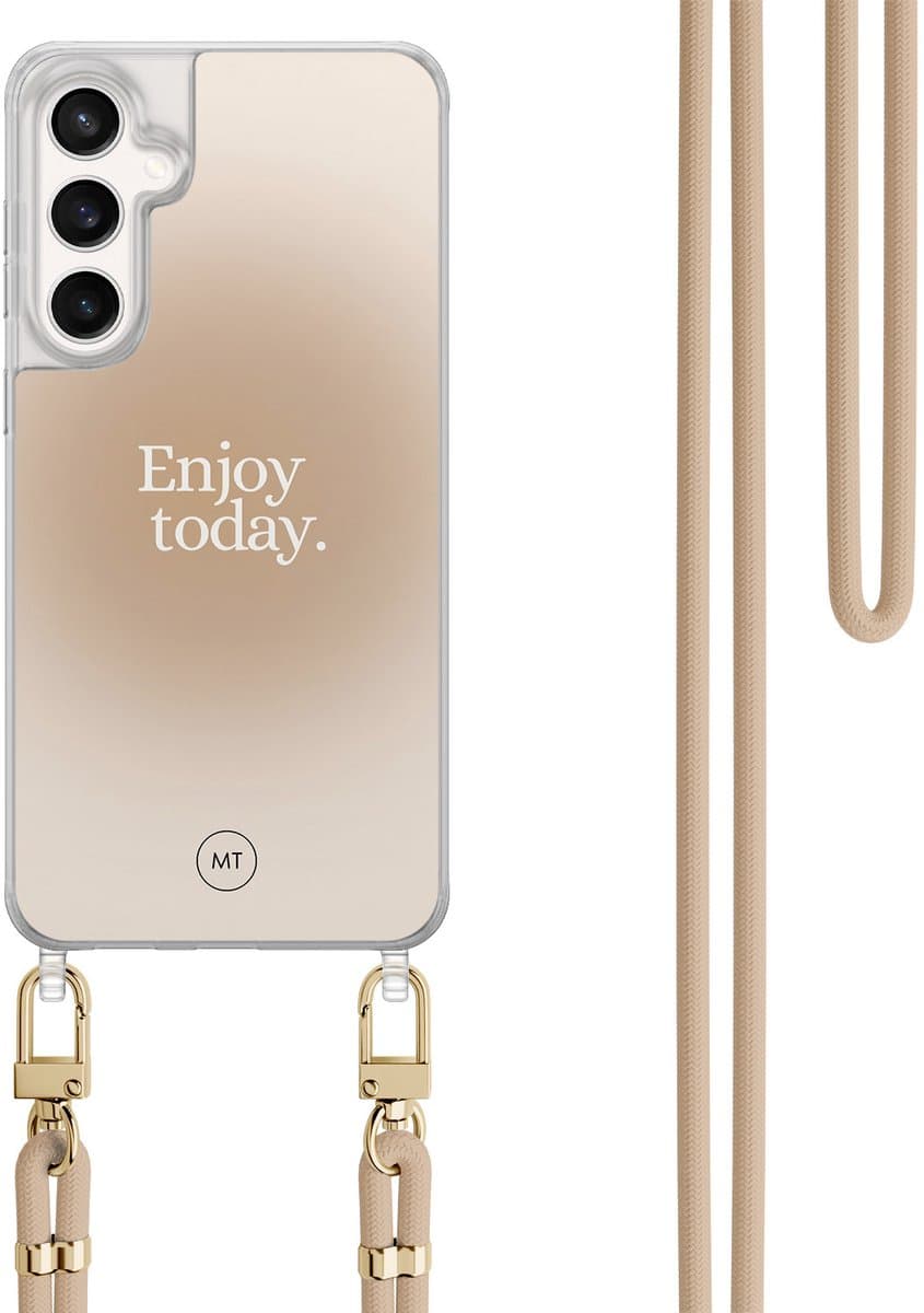 Hoesje met koord geschikt voor Samsung Galaxy S24 FE - Enjoy today - Inclusief Beige koord - Crossbody beschermhoes - Transparant, Multi - Mooie Telefoonhoesjes