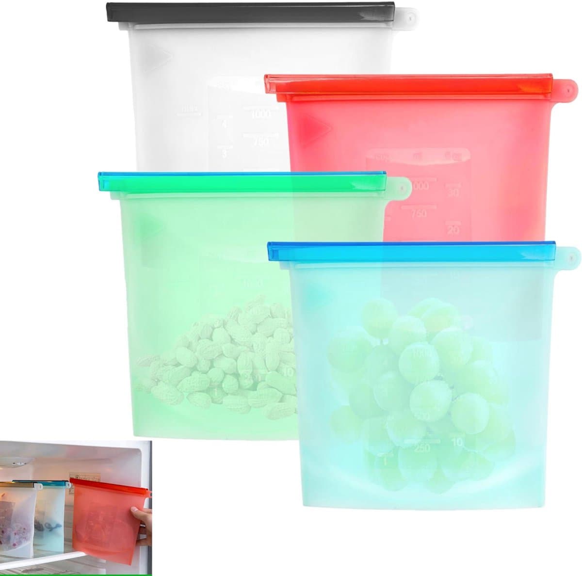 4 stuks - Herbruikbare diepvrieszakjes - met afsluitclip - Bewaarzakjes voor fruit, groenten, melk, snacks, vlees 23 x 17,5 cm (veelkleurig)