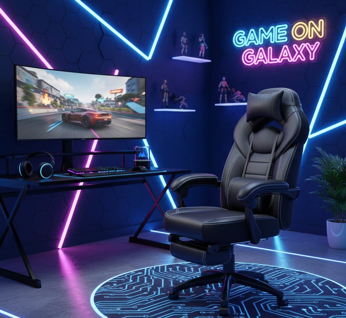 Gaming Stoel Ergonomisch Met Voetsteun – Luxe Bureaustoel Met Verstelbare Rugleuning 90°-135° – Hoofdsteun & Lendensteun – 150 KG Draagkracht – Comfortabele Dikke Zitting – Zwart – House&Garden