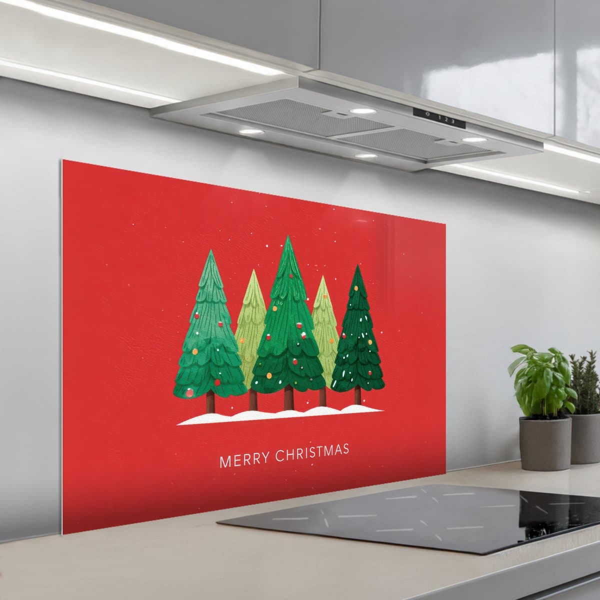 Spatscherm 100x65 cm - Zelfklevende achterwand Minimalistisch - Kerstbomen - Rood - Sneeuw - Keuken muurbeschermer - Spatwand fornuis