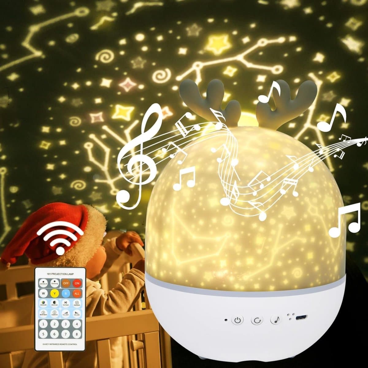 Star Light Projector met Muziek, Nachtlampje Kinderen met Afstandsbediening & Timer, 360 ° Rotatie Ster Projector Nachtlampje met 4 Lichtmodi/6 Projectie Thema's/7 Helderheid/8 Soorten MuziekSlaap als onder de Sterren – Projectorlamp met 12 Kleuren ,